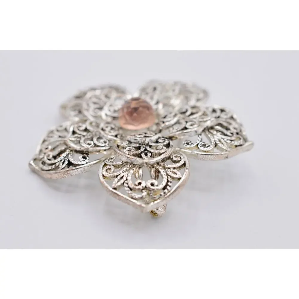 Monet Vintage Pin Brooch Silver Filigree Pink Crystal Flower Shiny Signed Bin5B